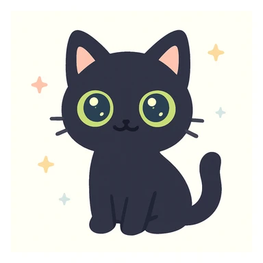a single all-black cat with green eyes, stylized and cute sticker