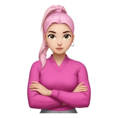 Character: Go-getter, confident, intelligent, composed
Emoji Look:

Light gray eyes, very noticeable

Well-shaped eyebrows, strong appearance

Upper ponytail

Street fashion look
Fair skin with a pink undertone

Arms crossed pose
Feeling: Girl Boss, cool beauty, minimal but powerful sticker