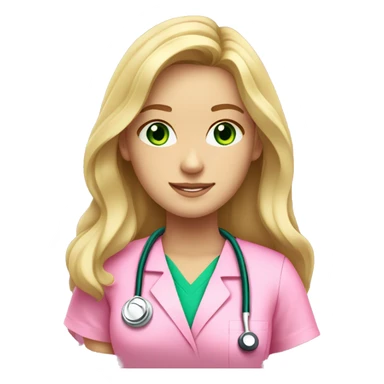 pale blonde girl with long wavy hair and green eyes wearing pink scrubs and stethoscope  sticker