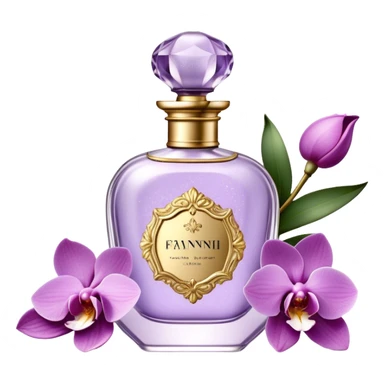 Create a delicate vintage French-style perfume bottle in an orchid hue, adorned with intricate gold detailing and an elegant glass stopper. Surround it with lush lilac flowers, along with soft lavender sprigs and petals scattered around for a dreamy, romantic atmosphere. The background should have a subtle antique texture, evoking the charm of a Parisian boudoir. The lighting should be soft and diffused, enhancing the luxurious and nostalgic feel sticker