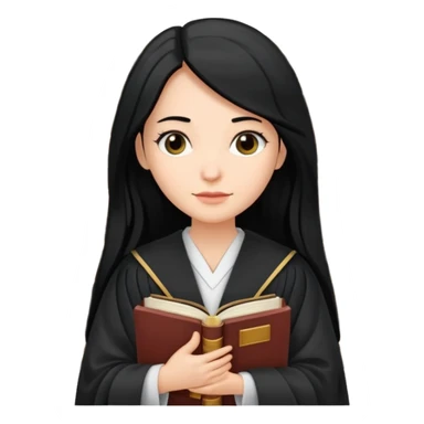 white-women-with-long-black -hair-lawyer-in-lawyer’s-robe. Have law book in hand with bookshelf full of law books in the background sticker
