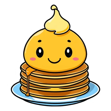 adorable pancakes with butter on top and maple syrup dripping down, smiling face sticker