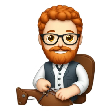 Red smooth haired man with beard and glasses hand sewing a saddle sticker