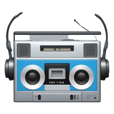 Create an emoji of a vintage Sony Walkman with a rectangular cassette player, visible tape, and wired headphones, in retro 1980s colors like grey, blue, and silver sticker