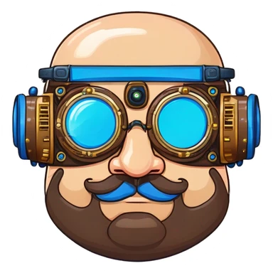 Fat bald cyborg head with blue steampunk goggles, brown beard and circuits sticker