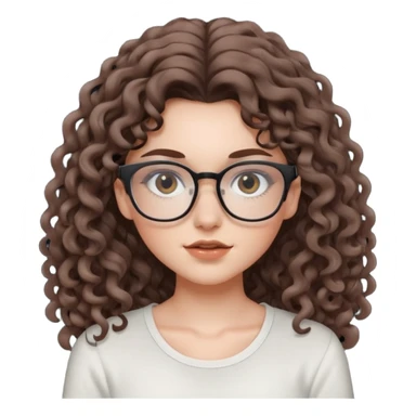aesthetic white girl with cool colored brown, long curly hair, she wears an offwhite top and wears square glasses and her eyes are black sticker