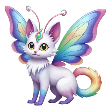 Pure-snow-White albino iridescent with pastel rainbow-gradients-color-markings with swirly patterns butterflies  faerie-Noivern-Noibat-Purloin-Torracat-Lykoi-Caracal-cat-Fakemon-fusion-hybrid-creature sticker