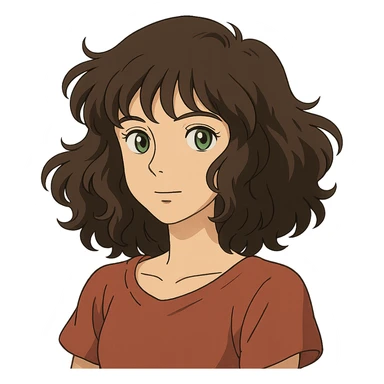 ghibli style illustration of a woman with wavy dark brown hair and green eyes sticker