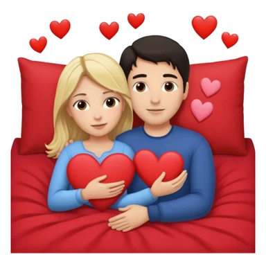 two people cuddling in bed. man has dark hair. woman is blonde. hearts surrounding them. sticker