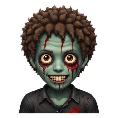 zombie with brown skin, short messy afro hair, wide centered brown eyes, dark bloody marks under the eyes, and a smile showing shiny metal teeth,black shirt, giving a distressed, undead look. sticker