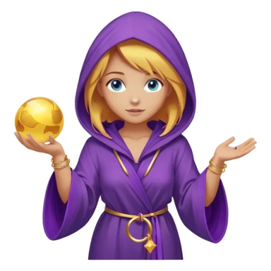 lightly tanned skin, blue eyes, cute and sexy girl with bright yellow-brown hair in a few shades of purple robe with hood, golden rings, slight cute makeup, full body, slightly turned aside pose, holding a magical ball (for future prediction) sticker