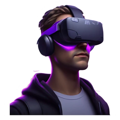 Russian man wearing a black hoodie with "OMG" letters on it and VR headset in a cyberpunk VR environment with violet neon lighting. sticker