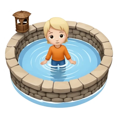 Create a clean emoji-style icon showing a small child falling into a round stone water well. The well must be clearly recognizable: circular stone rim, dark opening. Show the child mid-air, tilted downward above the well with simple motion lines. sticker