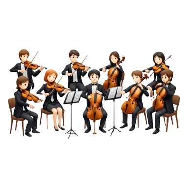 Icon for Classical Music: chamber orchestra with 4-5 musicians playing string instruments (violins, violas, cellos) and a conductor leading the ensemble. The intimate, refined atmosphere. Transparent background. sticker