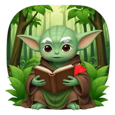 Baby Yoda con su tunica chocolate leyendo en un bosque sticker
