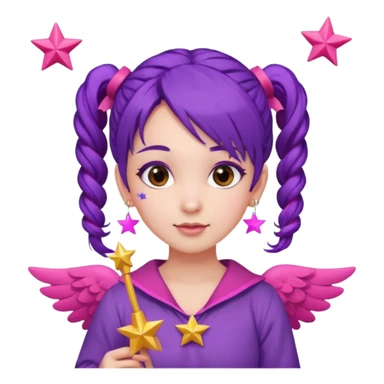 Create an emoji of a fairy-like woman with purple hair tied into two pigtails, red stars in her hair, wearing a pink outfit and pink wings. She is holding a pink star-shaped wand and wearing purple circular earrings. sticker