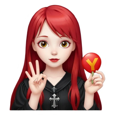 a gothic girl with long red hair and bangs holding a lucky sign sticker