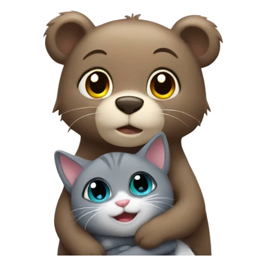 brown bear cub hugs gray cat sticker