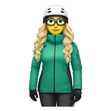 Green-eyed, fat female skier with long straight blonde hair, glasses, white ski helmet, grey snow jacket, long black pants, black only snow boots standing tall. sticker