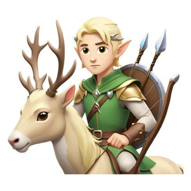 clash-of-clans-aesthetic-blond-male elf-archer-portrait-emoji, rendered in a flat, vector-style with minimal shading and bold, simplified shapes, head tilted slightly forward with a determined, focused expression, riding a majestic white stag whose antlers glow with mystical energy, set against an ancient, enchanted forest backdrop. sticker