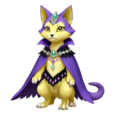 Kawaii cute Violet Yellow Black beautiful pretty elegant divine edgy feline-vernid-sergal-Fakémon-Pokémon-Digimon-fursona-animal-creature, full body, with intricate detailed markings, Embroidered capelet, Gem-studded horn ring sticker