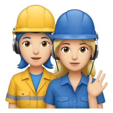 Um homem e uma mulher amarelos com capacete azul escuro e camisa social cinza. Um deles deve estar segurando um megafone  sticker