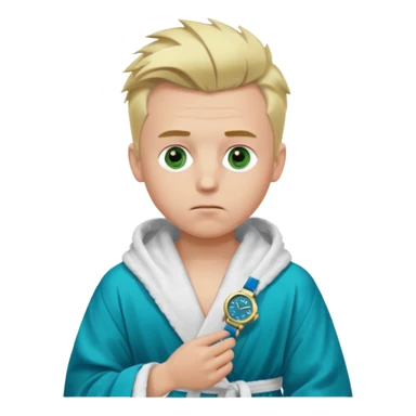 A white man with green eyes, medium-length blond hair in a low mohawk, wearing a blue Cartier watch on his wrist and a luxurious black and white bathrobe, appearing to be about 14 years old, with messy hair and a white pacifier in his mouth. sticker