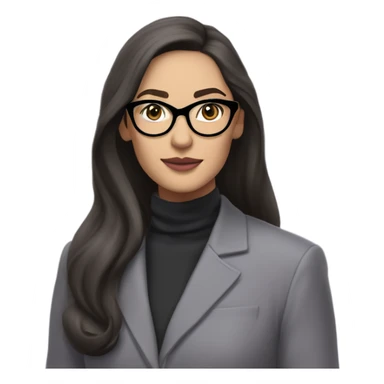 Tv show young full bodied Diana Prince wearing grey suit with silk voile purple turtleneck and black eyeglasses, long flowing hair  sticker