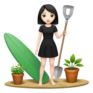 Princess who wearing black dress (woman) black hair holding her phone and a gardening shovel with another hand. She is standing on her feet, there is one green surfing board. sticker