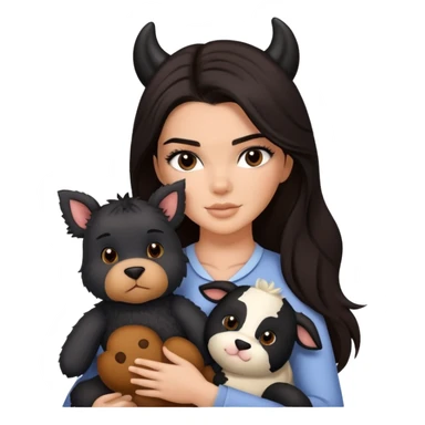 Kendall Jenner with long dark hair holding a brown teddy bear, a black schnauzer and a cow cat in her arms sticker
