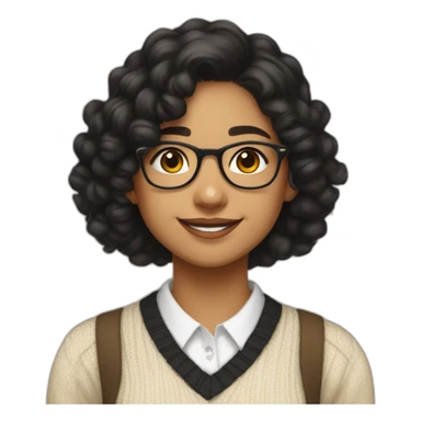 smiling indian teenage girl with black curly hair and glasses wearing a collared long sleeve white shirt under a beige v shaped collar sweatervest with no buttons sticker