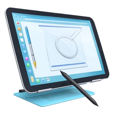 Create an emoji for 3D visualization and modeling. Show a large graphic tablet with a stylus drawing in a 3D modeling program. The 3D model on the screen should appear to protrude out of the screen. Use modern, professional colors. Make the background transparent. sticker