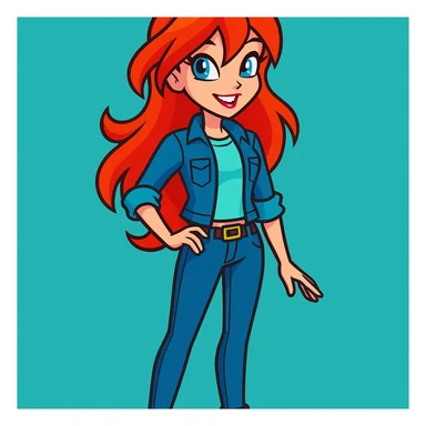 Bloom from Winx Club in casual clothes, standing, vibrant toon style, no glowing aura, casual modern look, smiling sticker