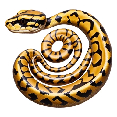 A photo-realistic top-down view of a Ball Python gently coiled into a tight spiral, with its head resting peacefully at the center. Its scales are warm brown with bold, irregular black markings, including the distinctive “alien-head” pattern, flowing smoothly along its body.  sticker