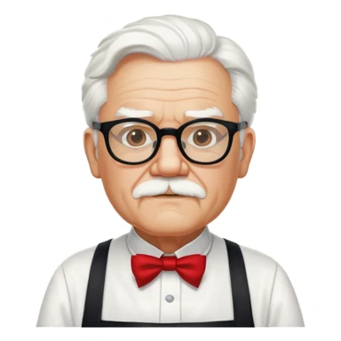 Colonel Sanders KFC, old man with white hair and white goatee, wearing black square glasses, white T-shirt and red apron sticker