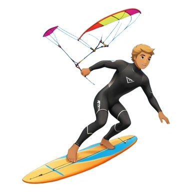 An athlete in a wetsuit riding a kiteboard, soaring over the sea waves with the kite high in the sky. The background features a vibrant blue sky and crashing ocean waves, capturing the thrill and freedom of kitesurfing in dynamic motion. sticker