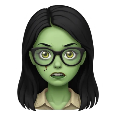crie um emoji de zumbi feminino, com pele verde, óculos preto e cabelo longo preto sticker