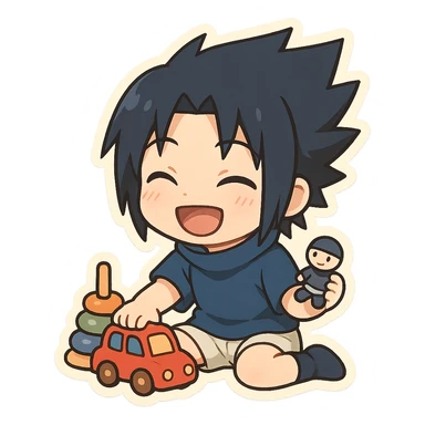 Kid Sasuke, playing with toys with a bright smile, adorable chibi sticker, innocent version of Sasuke sticker