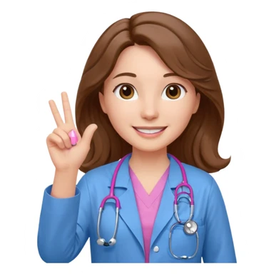 Barbie like emoji of a white woman with brown eyes and long wavy brown hair wearing blue scrubs, white lab coat, pink stethoscope, and raising one hand and a warm smile sticker