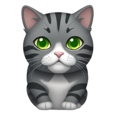 Grumpy Chubby Striped dark grey female cat with Green eyes and white chest sticker