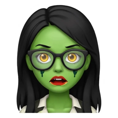 crie um emoji de zumbi feminino, com pele verde, óculos preto e cabelo longo preto sticker