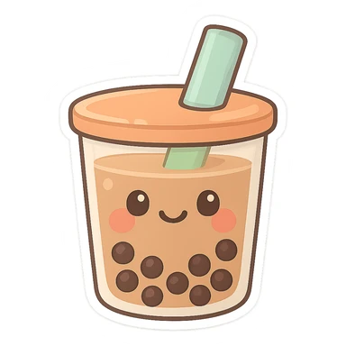 chibi sticker-style bubble tea with a smiling face, cute and exaggerated sticker