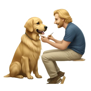 Golden retriever painting a picture of a man sticker
