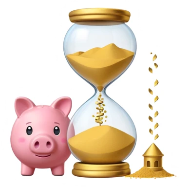 A minimalist emoji-style icon: A stylized piggy bank with a coin dropping into it, next to an hourglass. The hourglass symbolizes time and long-term savings for retirement. Simple shapes, flat bright colors, emoji-like design. sticker