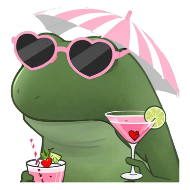 Bufo frog in a sitting cross-legged pose, with striped umbrella hat, heart-shaped sunglasses, holding a pink cocktail, classic Bufo meme style, no background. sticker