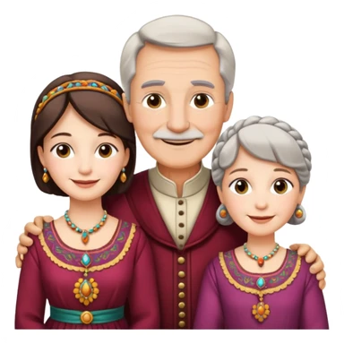 Indiana family with a 70 years old father and mother and a 40 years old daughter. They wear a traditional dress. They are smiling. sticker