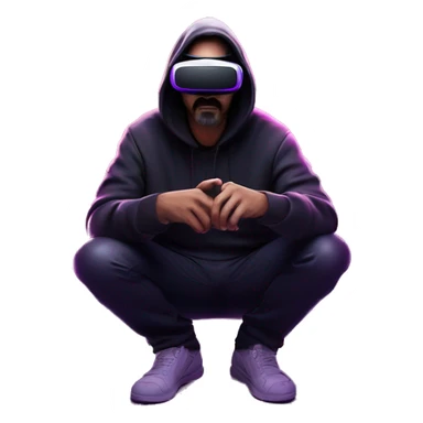 Big Lebowski wearing a black hoodie with "OMG" letters on it and VR headset oculus quest 2 in a cyberpunk VR environment with violet neon lighting. Showing direction with hand sticker