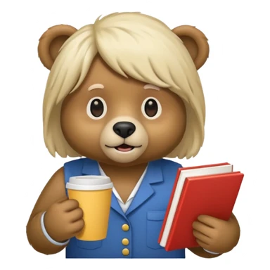A bear wearing a wig, holding a textbook, and holding a coffee cup sticker