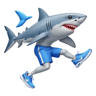 shark on the beach with human legs wearing blue Nike shoes, emoji style sticker
