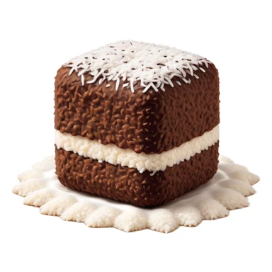 Cinematic Realistic Lamingtons Dessert Emoji, depicted as soft sponge squares coated in chocolate and coconut rendered with mouth‚Äêwatering detail and vibrant lighting. sticker